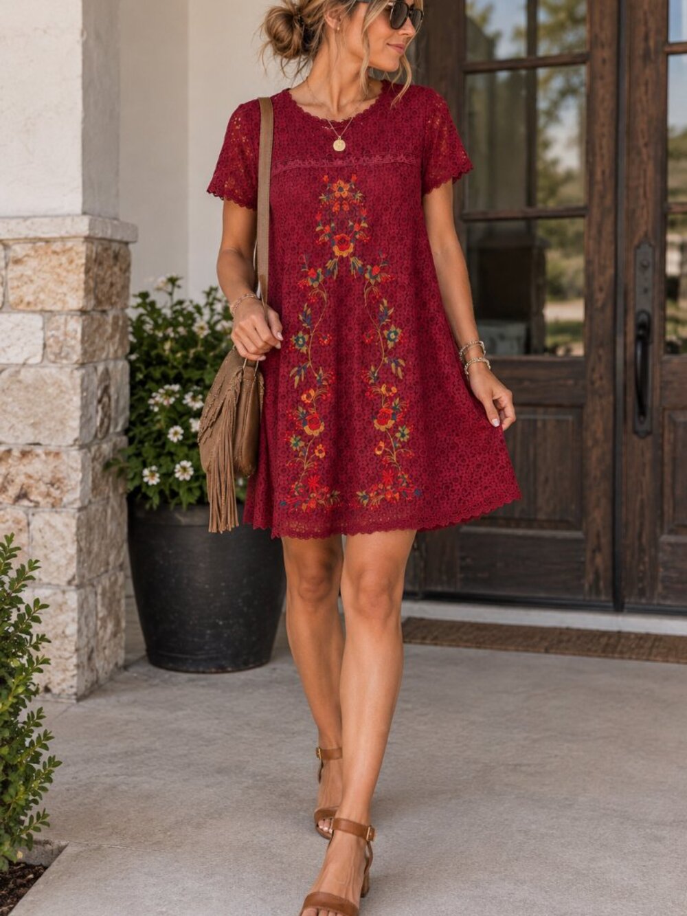 Umgee Burgundy Lace Embroidered Dress Size S Boho
